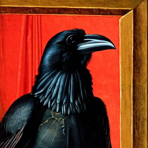 Image similar to a highly detailed portrait of a raven, wearing elegant tudor clothes, inside a room with thick red tapestries, by hans holbein