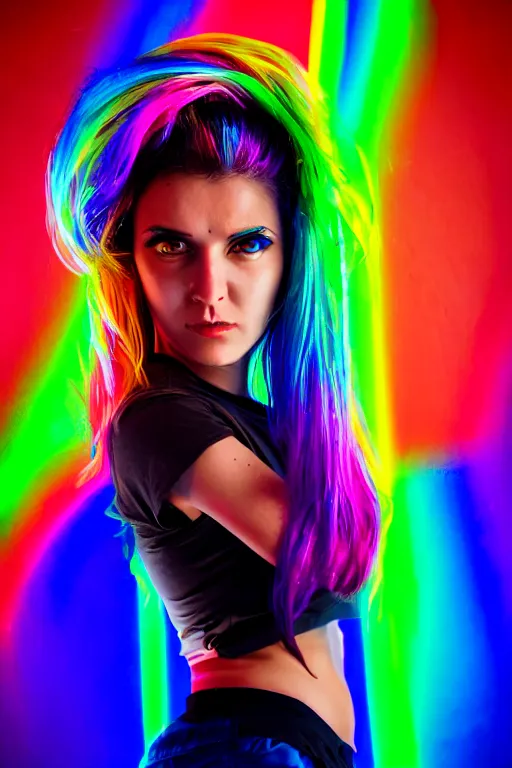 Prompt: a award winning half body portrait photograph of a beautiful woman with stunning eyes in a croptop and cargo pants with rainbow colored hair, routlined by whirling illuminated neon lines, outrun, vaporware