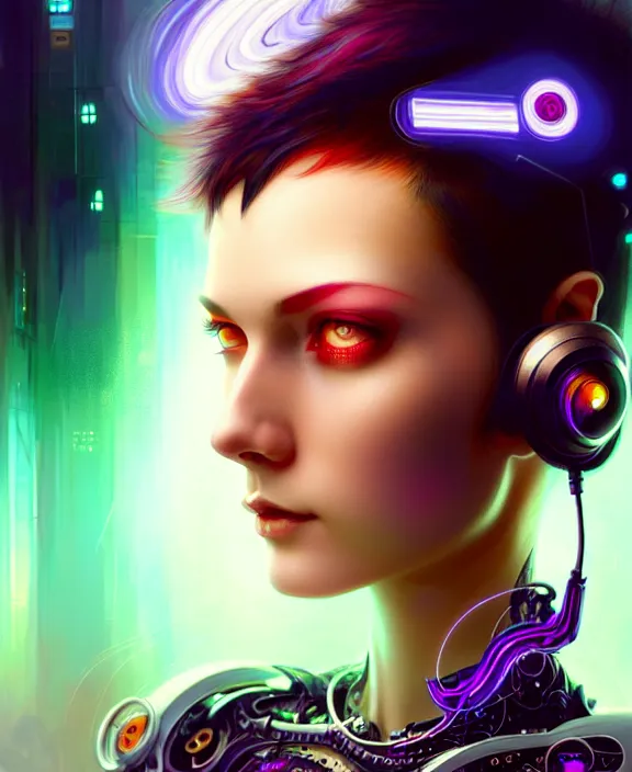Prompt: a whirlwind of souls rushing inside the metaverse, half body, jewelry, fashionable short haircut, headset, android, cyborg, cyberpunk face, by loish, d & d, fantasy, intricate, elegant, highly detailed, colorful, vivid color, digital painting, artstation, concept art, art by artgerm and greg rutkowski and alphonse mucha