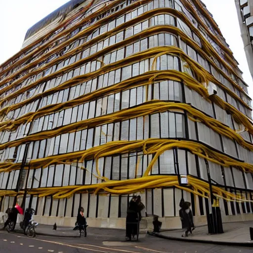 Image similar to mc escher building in london covered in spaghetti