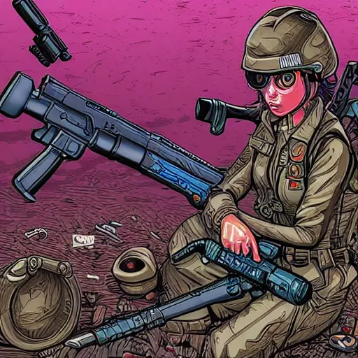 Prompt: artwork of toy plastic doll next to weapons, hand grenades, rpg, by dan mumford, beautiful, extremely detailed linework