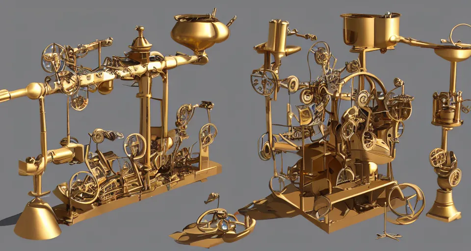 Prompt: a complex machine that makes bagels!!!! detailed 3 d render, brass and wood mechanisms, elaborate rube goldberg style