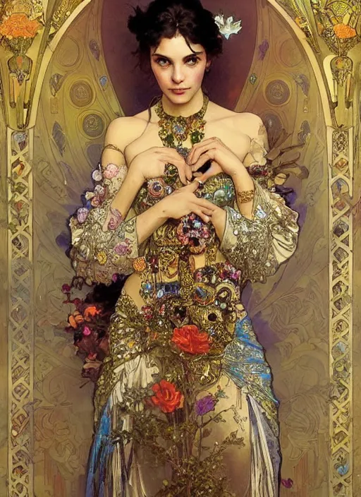 Prompt: an woman in an elaborate and ornate dress lies surrounded by jewels. painting by artgerm and greg rutkowski and alphonse mucha.