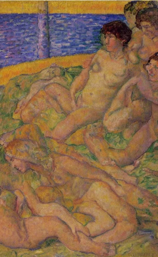 Prompt: Women in a steam bath. Painting by Bonnard.