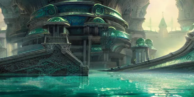 Image similar to emerald tablet, epic large underwater city, highly detailed, photorealistic, octane render, beautiful, glorious, matte painting