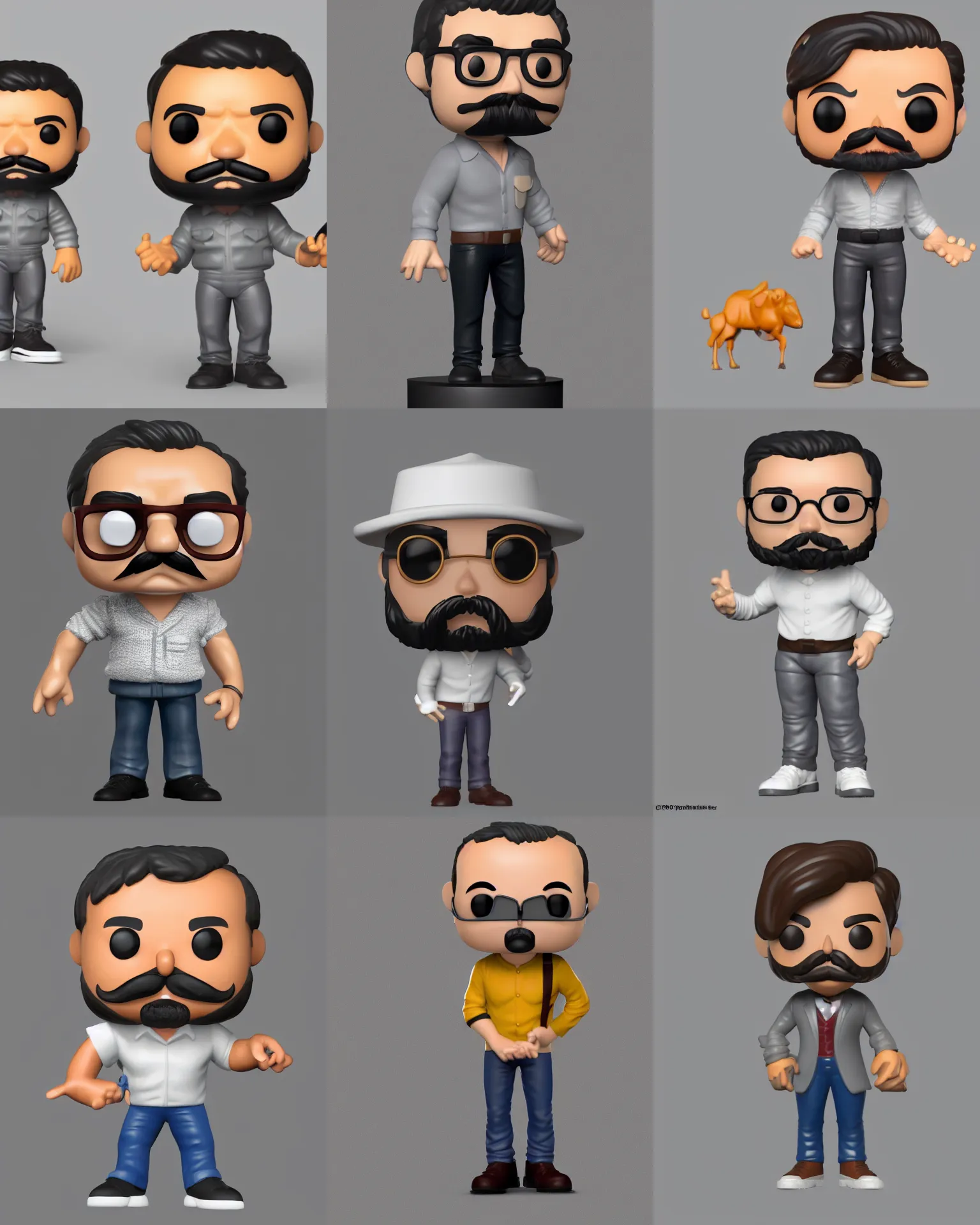 Prompt: full body 3 d render of spanish man with mustache as a funko pop!, studio lighting, grey background, single body, no shadow, blender, trending on artstation, 8 k, highly detailed