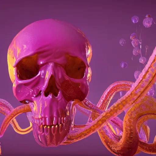 Prompt: a human Skull mutating into flowers, tentacles, unnatural shapes, jellyfish tentacles reaching out, coherent human Skull, insect, chaotic octane render, 3d digital art by beeple, unreal engine 5, award winning,