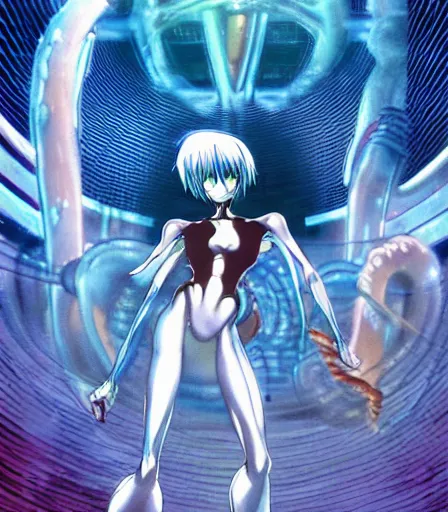 Prompt: female anime character Rei Ayanami cyborg in the center giygas epcotinside a space station eye of providence Beksinski Finnian vivid HR Giger to eye hellscape mind character