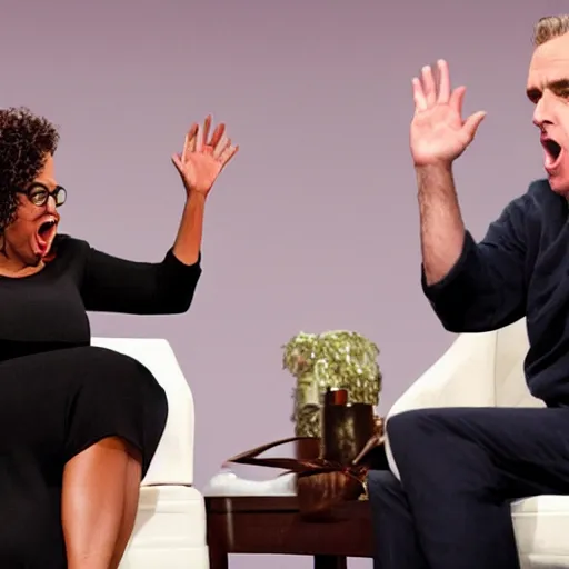 Image similar to Jordan Peterson screaming at Oprah who has hands in the air