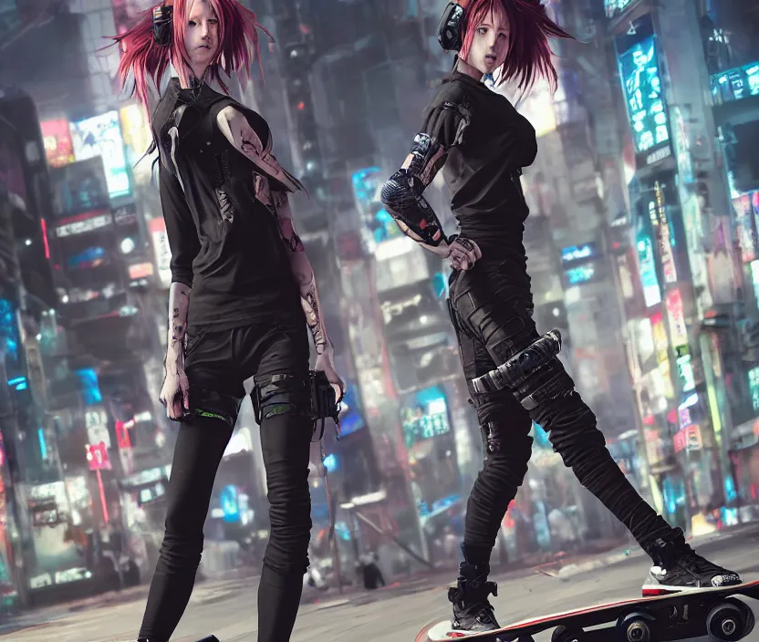 Image similar to hyper - realistic cyberpunk anime woman flip skateboard, sport, action tokyo street, extreme detail, good face, model, concept art, in style of yoji shinkawa, pan ren wei, col price, atey ghailan, by greg rutkowski, aesthetic