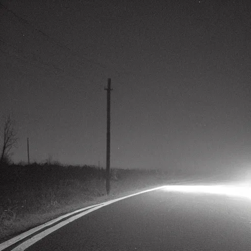 Image similar to an dark highway in the middle of the night, there is only 1 dim pole light. Behind the light, there is a dark tall slender shadowy figure