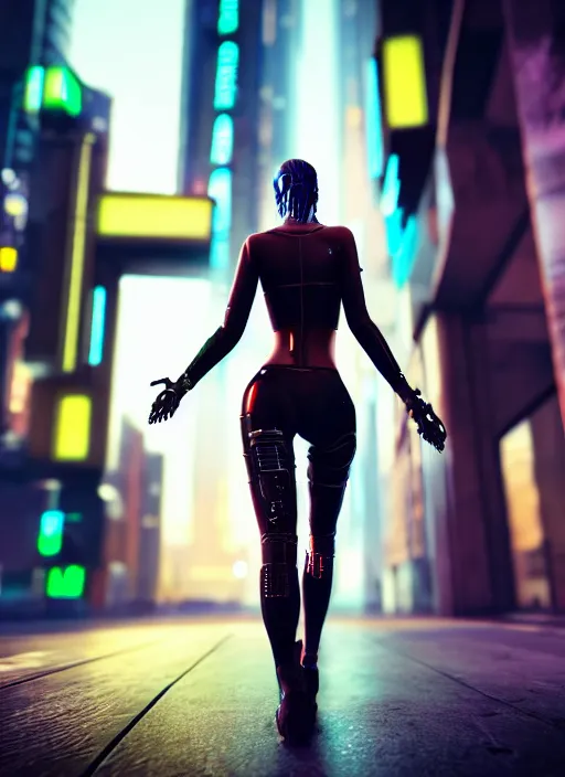 Image similar to photo of a beautiful woman walking through a ( ( ( cyberpunk city ) ) ), full body, hyper realistic, 8 k, dslr, unreal engine, highly detailed portrait