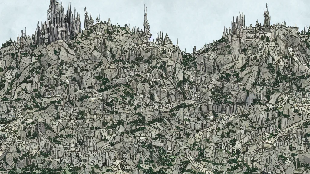 Prompt: a genndy tartakovsky illustration of minas tirith from lord of the rings