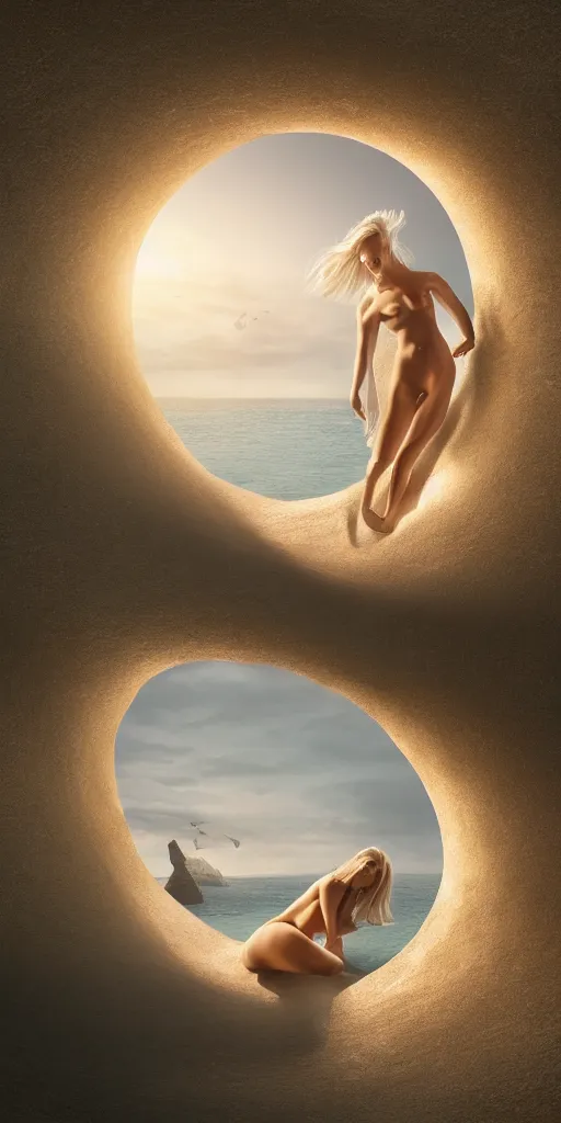 Prompt: a beautiful painting of a woman emerging from a stargate, by the sea by johannen voss by peter kemp by octane render blender 8 k isometric dof spot lighting