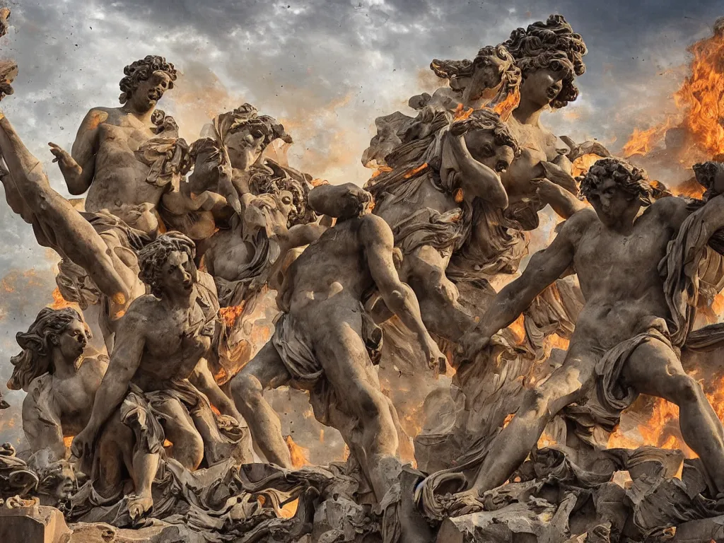 Image similar to giant greek statues attacking a city, city destruction ruins, debris flying around, swirls of fire