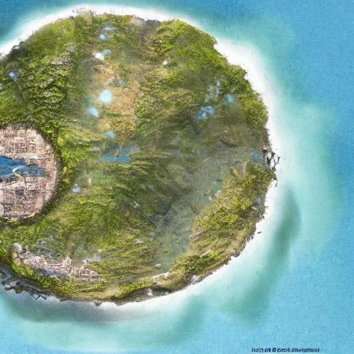 Prompt: Long forgotten island that once hosted a great civilization now gone, Tropical Island, matte painting, concept art, top down view