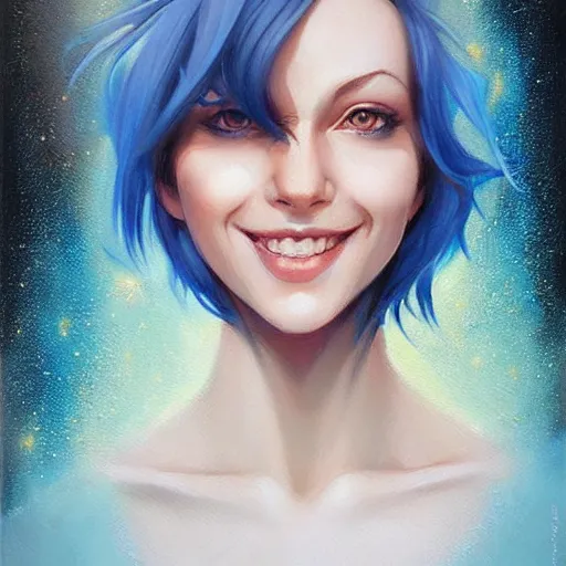 Image similar to a beautiful painting of a smiling woman with stylish short blue hair and sparkling blue eyes representative of the art style of artgerm and wlop and peter mohrbacher, portrait, kind smile