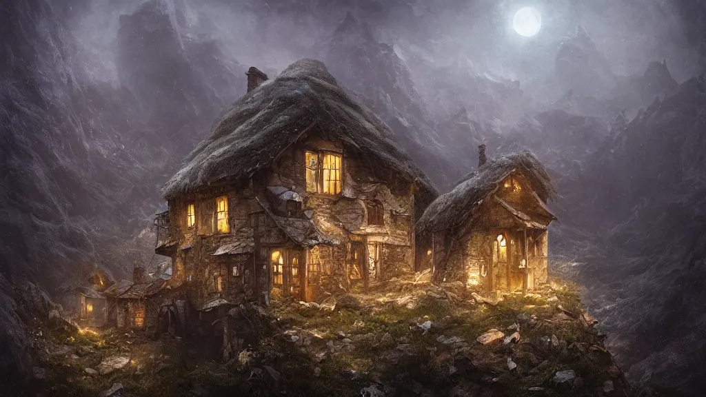 Image similar to A singular small rotting cottage on a mountaintop at night, horror painting, by Bastien LeCouffe-Deharme, hyperrealistic, Blender 8k UHD