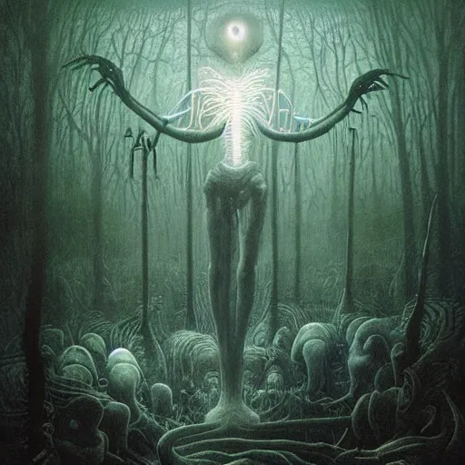 Image similar to a hyperrealistic painting of an alien god performing miracles in the middle of an alien jungle, bioluminescent plants, by john kenn mortensen and zdzislaw beksinski, highly detailed, vivid color,