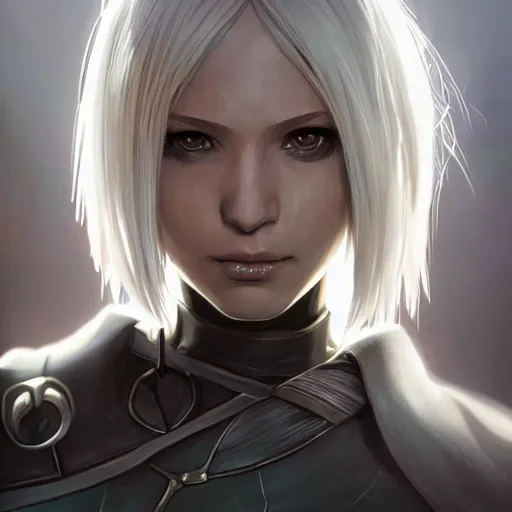 Prompt: closeup portrait of A2 from NieR Automata, D&D, fantasy, intricate, elegant, highly detailed, digital painting, artstation, concept art, matte, sharp focus, illustration, hearthstone, art by Artgerm and Greg Rutkowski and Alphonse Mucha