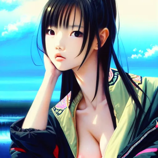 Image similar to a beautiful japanese lalisa alluring gravure model, wearing oversized designer bomber jacket and leotard, bulky poofy bomber jacket with mesoamerican patterns, mesoamerican native street fashion, gapmoe yandere grimdark, trending on pixiv fanbox, painted by greg rutkowski makoto shinkai takashi takeuchi studio ghibli, akihiko yoshida