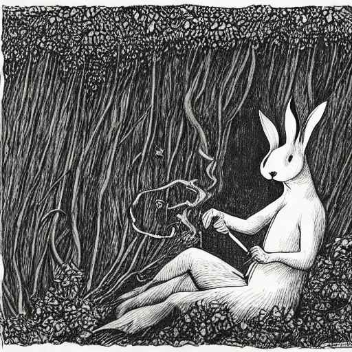 Image similar to a pen and ink drawing of a deep dark tangled forest, a white rabbit smoking a cigarette while reclining, a lingering smoke cloud, childrens illustration, by edward gorey, by gustav dore