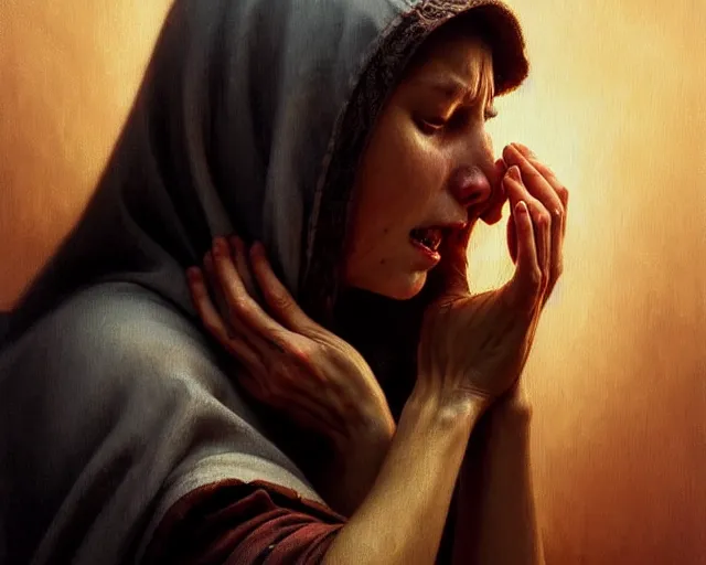 Image similar to poor hungry woman praying to a cross and crying, emotional sad painting, very poor, hungry, medieval peasants, fantasy, cruel, dramatic lighting, intricate, wild, highly detailed, digital painting, artstation, concept art, smooth, sharp focus, illustration, art by artgerm and greg rutkowski and alphonse mucha