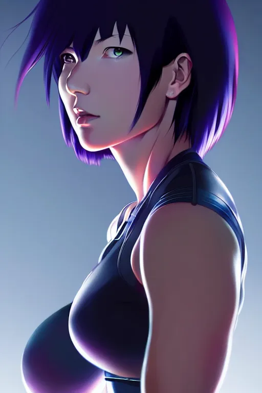 Image similar to a fullbody portrait of motoko kusanagi the major ghost in the shell : : stand alone complex, under repairs, maintenance : : by ilya kuvshinov, rossdraws, artgerm, sola digital arts, anti aliasing, raytracing : :