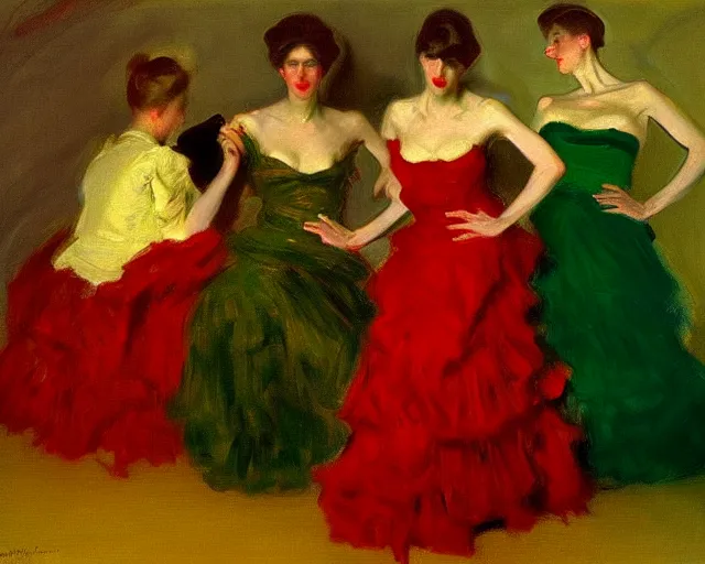 Image similar to a green, red, and gold painting by John Singer Sargent