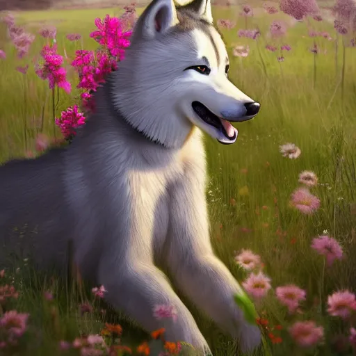 Prompt: girl riding a giant husky in a field of flowers, trending on artstation