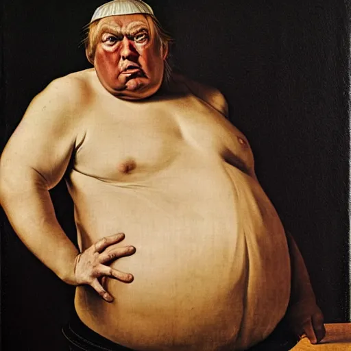 Image similar to a caravaggio portrait of donald frump, trumps much fatter and weirder looking cousin