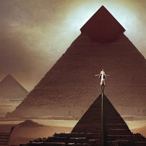 Image similar to Pyramid Head standing in front of The Great Pyramid of Giza, intricate, highly detailed, fullbody, artstation, dark fantasy, horror, Silent Hill game, concept art, smooth, sharp focus, illustration, art by greg rutkowski and orientalism and bouguereau and Zdzislaw Beksinski, good clear quality, lighting, biology, symmetrical artwork, perfect face, 135 mm, cinematic, hyper realism, high detail, octane render, 8k, chrome accents