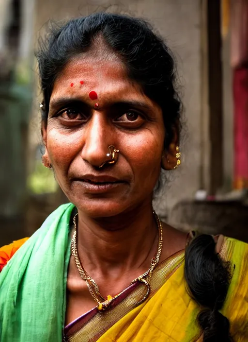 Image similar to portrait Mid-shot of an Indian woman, candid street portrait in the style of Martin Schoeller award winning