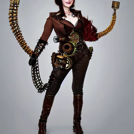 Prompt: full body photo of karen gillen as an amazon steampunk warrior