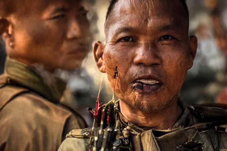 Prompt: close - up photo of smart khmer warlord in a battle scene, detailed eyes, shallow depth of field, photorealistic, cinematic lighting, lovely bokeh, warm colours, dusk