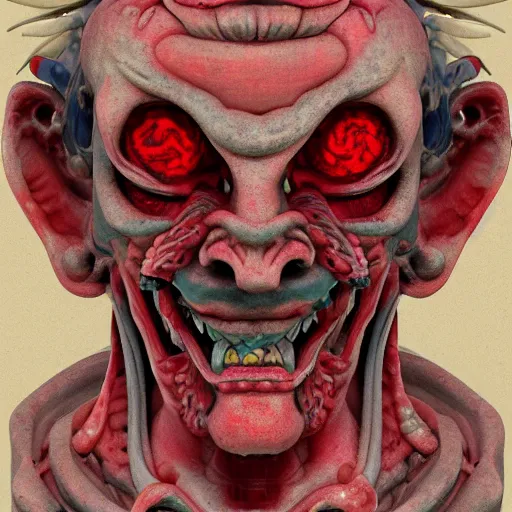 Image similar to japanese demon with deconstructed organs, face, bust, anatomical description, low pastel coloration, complex lights, highly detailed, 8 k