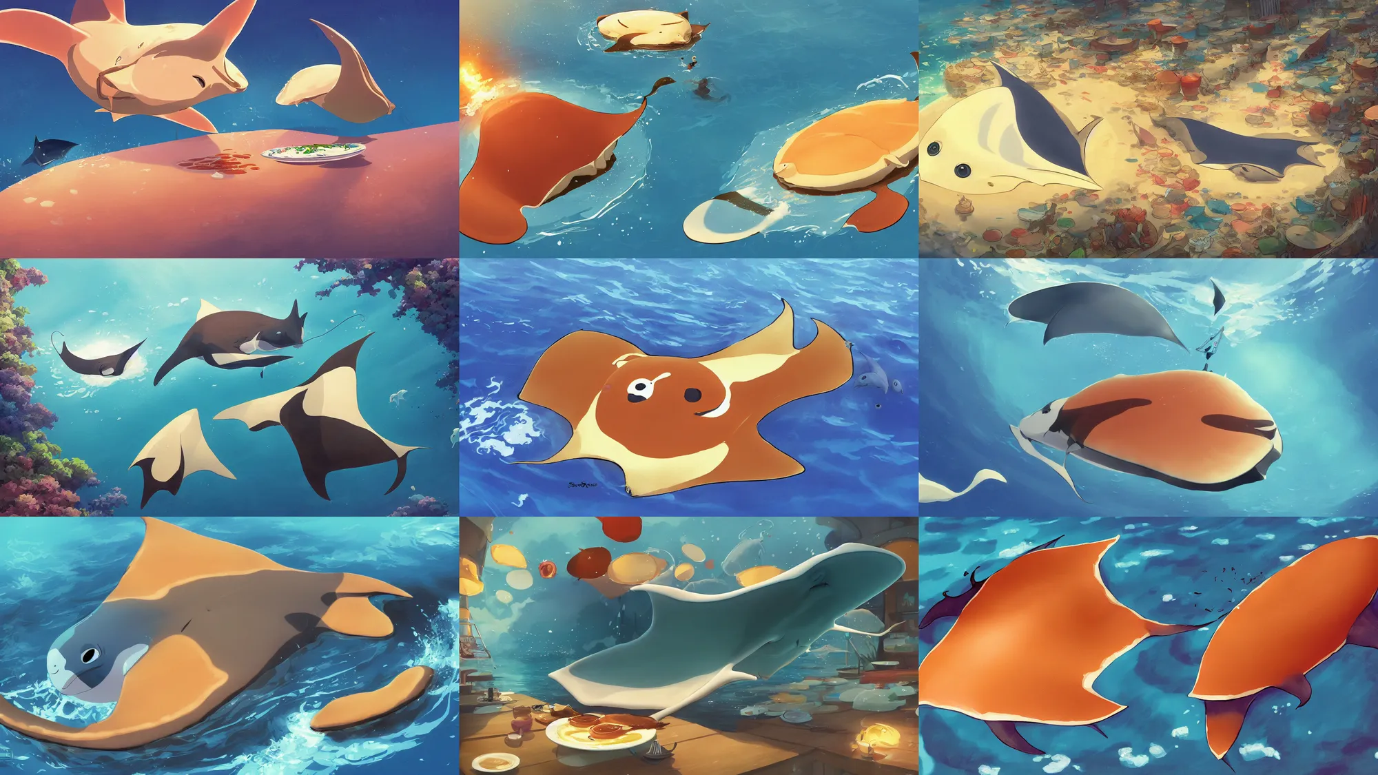 Prompt: painting of a happy flat pancake manta ray swimming in syrup, cute, 4 k, manta ray made of pancake, fantasy food world, living food adorable pancake, brown atmospheric lighting, by makoto shinkai, studio ghibli, ross tran