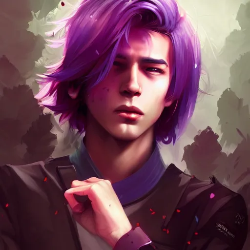 Image similar to colorful and festive captivating teenager boy with straight purple hair, purple eyes with red eye markers, slim body, wearing japanese combat clothes. rich vivid colors, ambient lighting, dynamic lighting, 4 k, atmospheric lighting, painted, intricate, highly detailed by charlie bowater