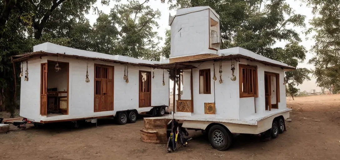 Image similar to mughal - style white ivory tiny home on trailer with minarets in cyberpunk india