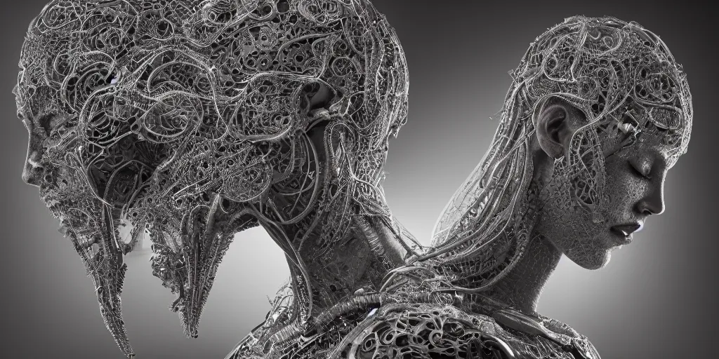 Image similar to hyper realistic photography of a stunningly cyborg female and male, intimate, intricate filigree, in the style of beth cavener, jin kagetsu, and wlop, highly detailed, chrome face symmetry, masterpiece, award - winning, sharp focus, concept art, high key, ambient lighting, 8 k, octane render,