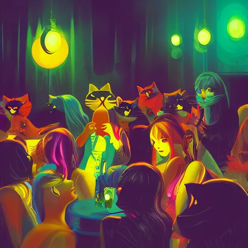 Image similar to cat partying in a club. digital art, expressive painting, trending on artstation.