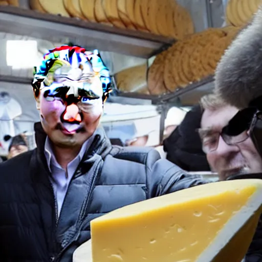 Image similar to close up of vladimir putin visiting a cheese market