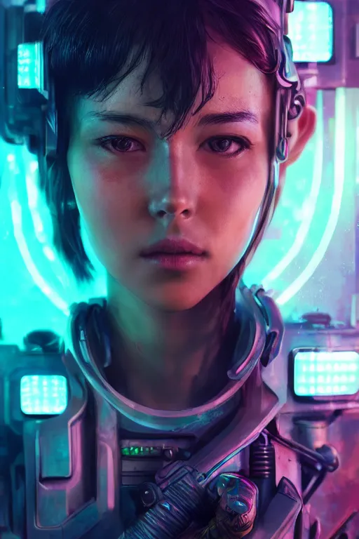 Image similar to beautiful portrait of a cyborg mercenary girl, art by wlop, liam wong, head and shoulders, cyberpunk, neon, intricate details, trending on artstation, sharp focus, caustics, octane render, radiant light, 4 k