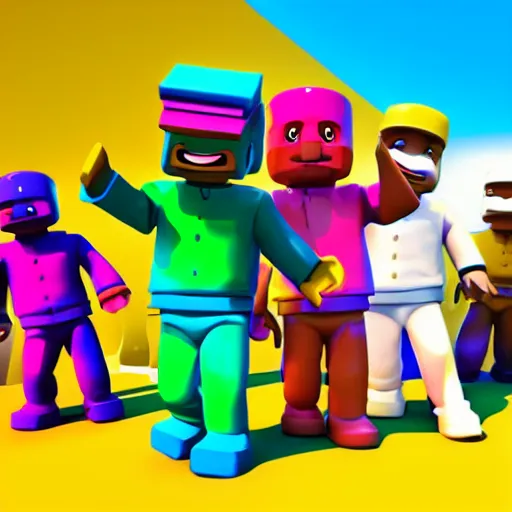 Image similar to high quality 3d render of happy roblox figures, bright and fun colors, octane render, trending on artstation