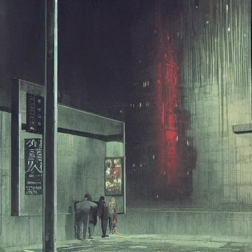 Prompt: a some people waiting in a lone bus stop in quiet dark city night, high quality, high resolution,detailed,Beksinski painting, part by Adrian Ghenie and Gerhard Richter. art by Takato Yamamoto. masterpiece