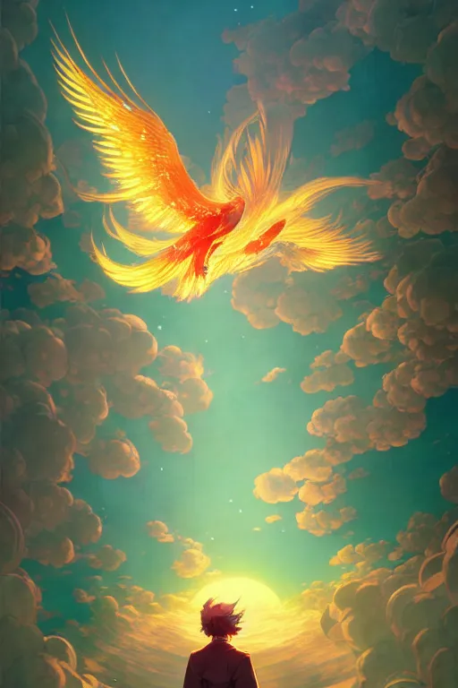 Image similar to victo ngai and lfons mucha painting of a phoenix in the sky, chinese style ， makoto shinkai ， final fantasy, unreal engine 5 highly rendered, global illumination, radiant light, detailed and intricate environment