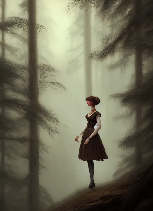 Image similar to a beautiful brown - haired young woman with an old dress of the 1 9 th century in horror forest, intricate, elegant, highly detailed, digital painting, artstation, concept art, smooth, sharp focus, illustration, ethereal, misty, by ilya kuvshinov and jeremy mann, 8 k, octane render