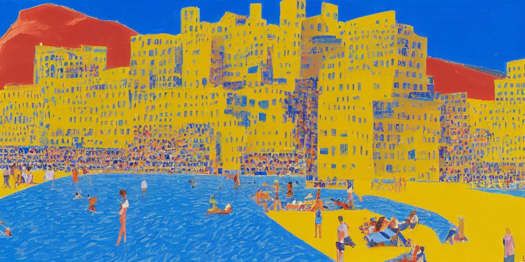 Image similar to sacaba beach in malaga with enormous yellow buildings by david hockney, detailed