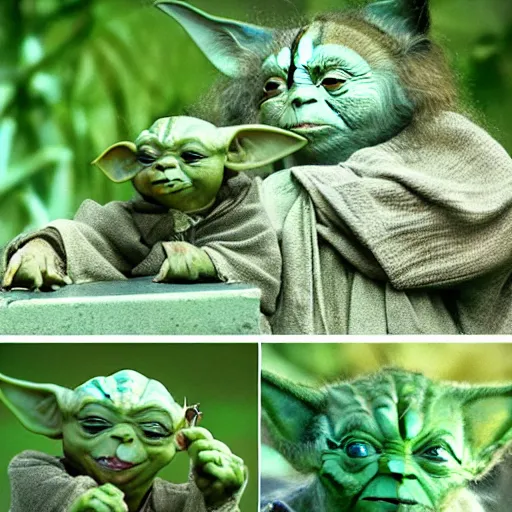 Image similar to a civilization of members of Yoda's species interacting with eachother on their home planet, award winning nature photographs