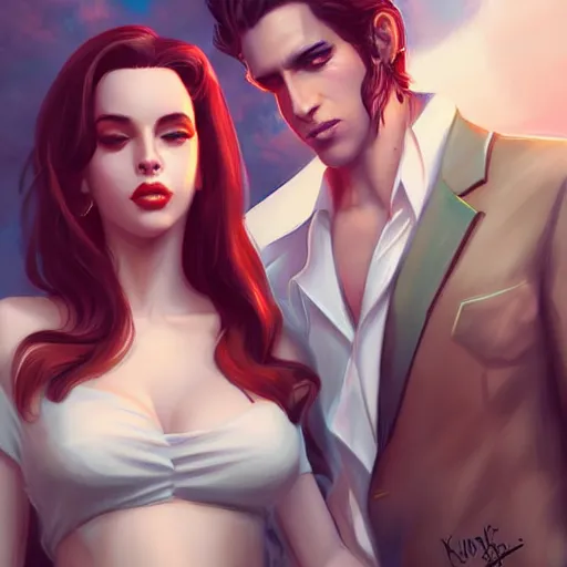 Image similar to Kurt Kobain and lana del rey , by WLOP and artgerm, artstation, deviantart, pixiv